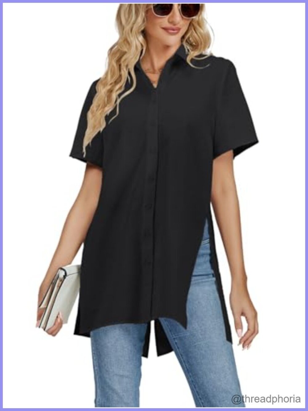 LYANER Women's Collared V Neck Split Hem Blouse Button Down Top